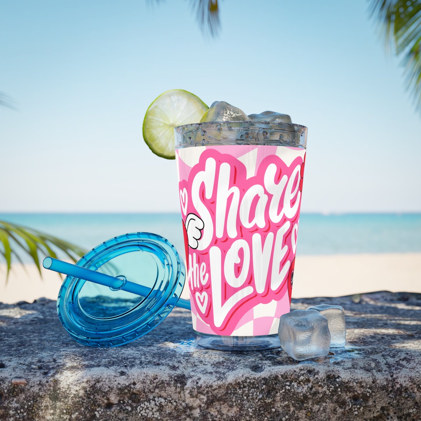Cute Heart Design Tumbler with Straw - 16oz "Share the Love"