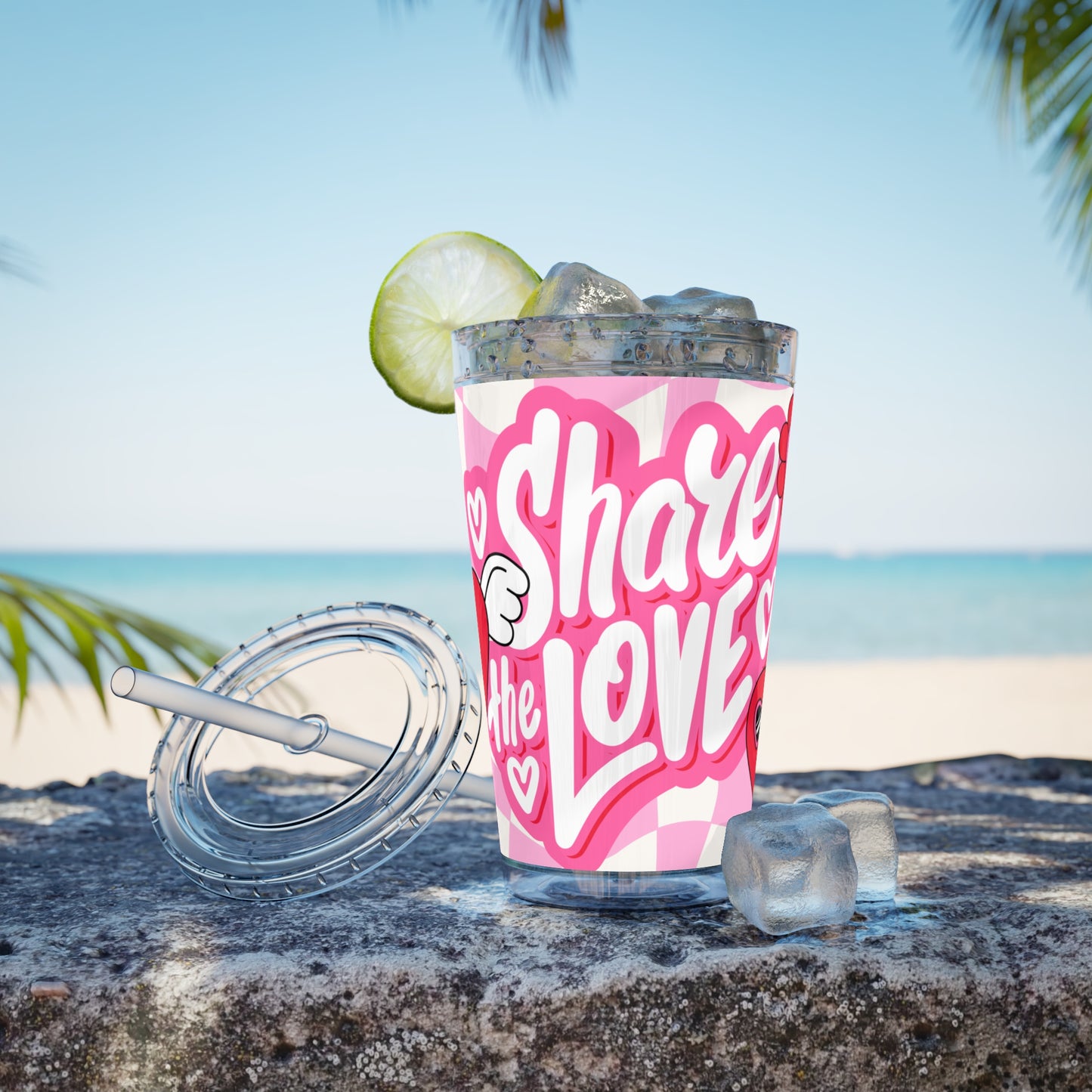 Cute Heart Design Tumbler with Straw - 16oz "Share the Love"