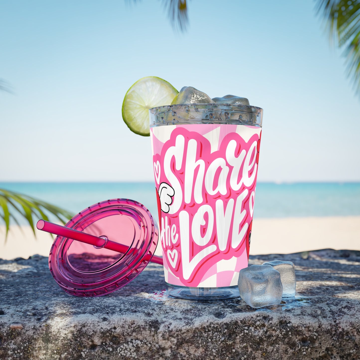 Cute Heart Design Tumbler with Straw - 16oz "Share the Love"