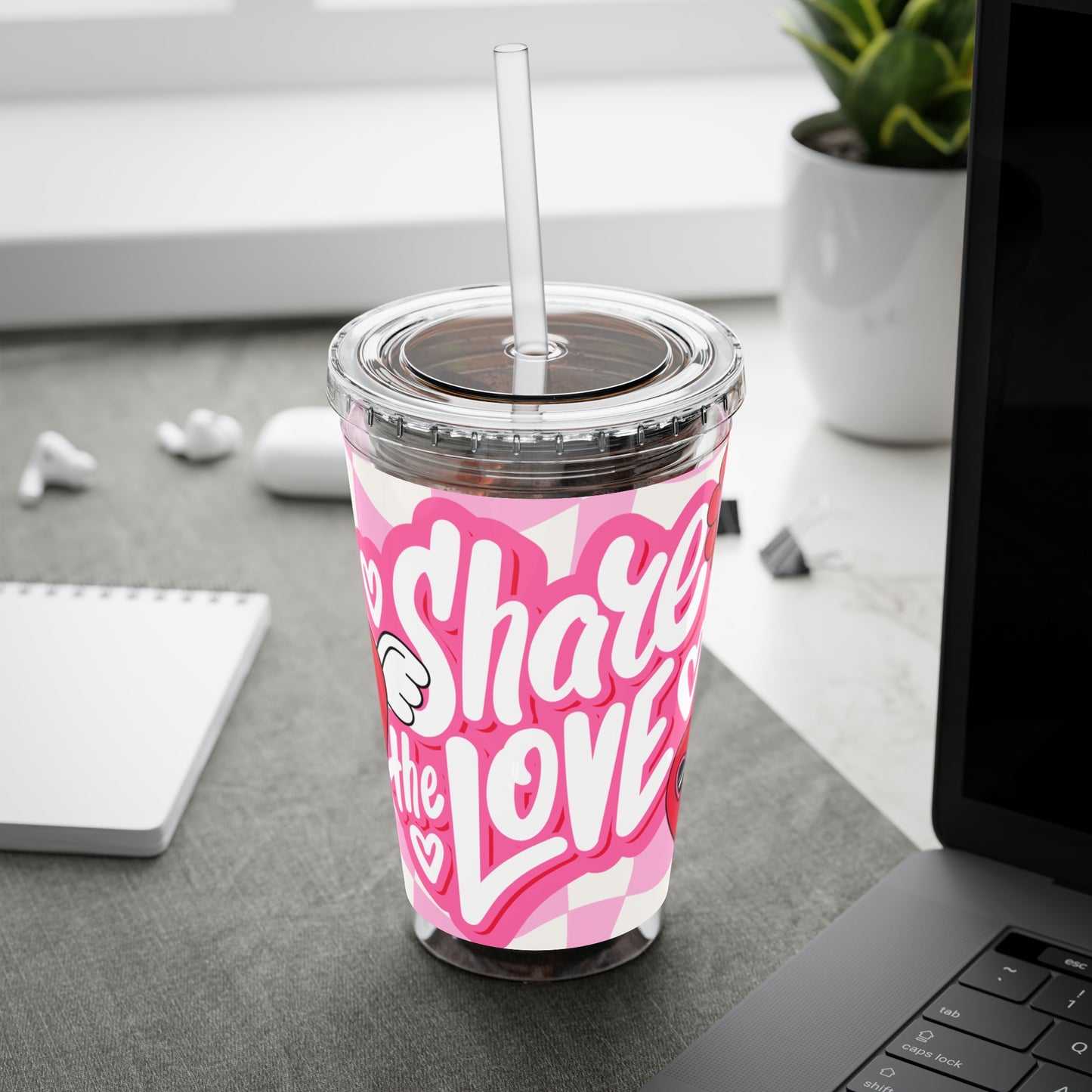 Cute Heart Design Tumbler with Straw - 16oz "Share the Love"