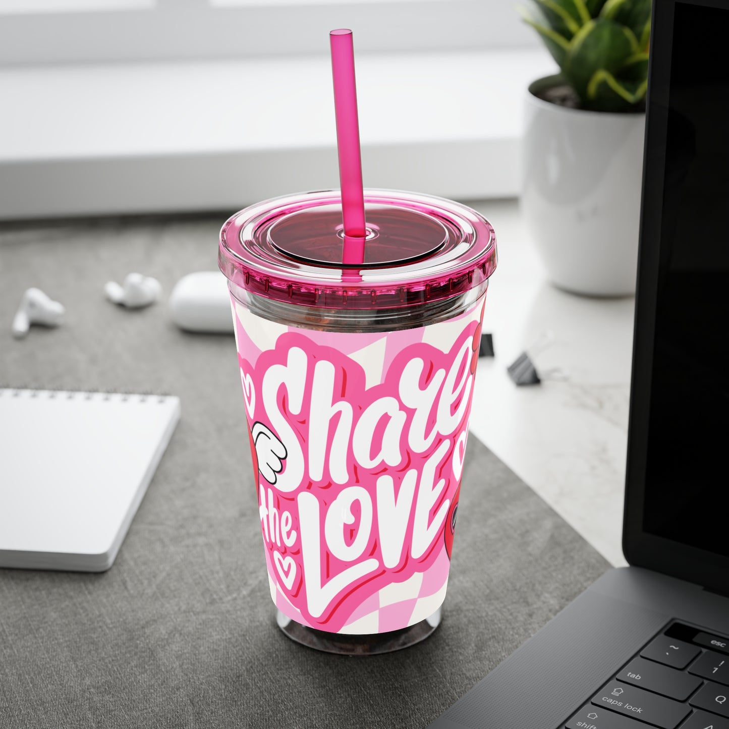Cute Heart Design Tumbler with Straw - 16oz "Share the Love"