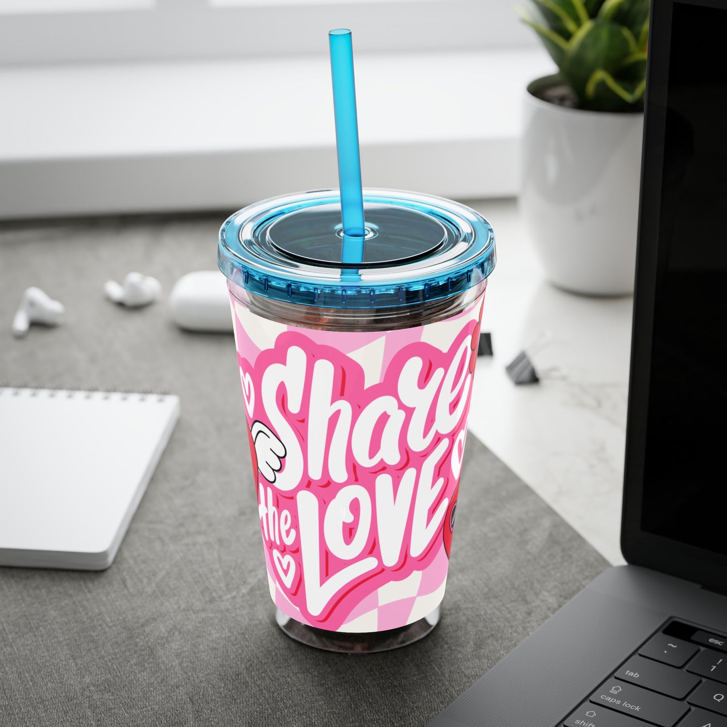 Cute Heart Design Tumbler with Straw - 16oz "Share the Love"